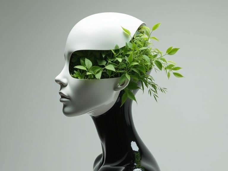 The image showcases a mannequin-like head with a smooth white top cracked open. Lush green plants grow inside. The neck is glossy black for contrast. The background is a soft gradient grey.