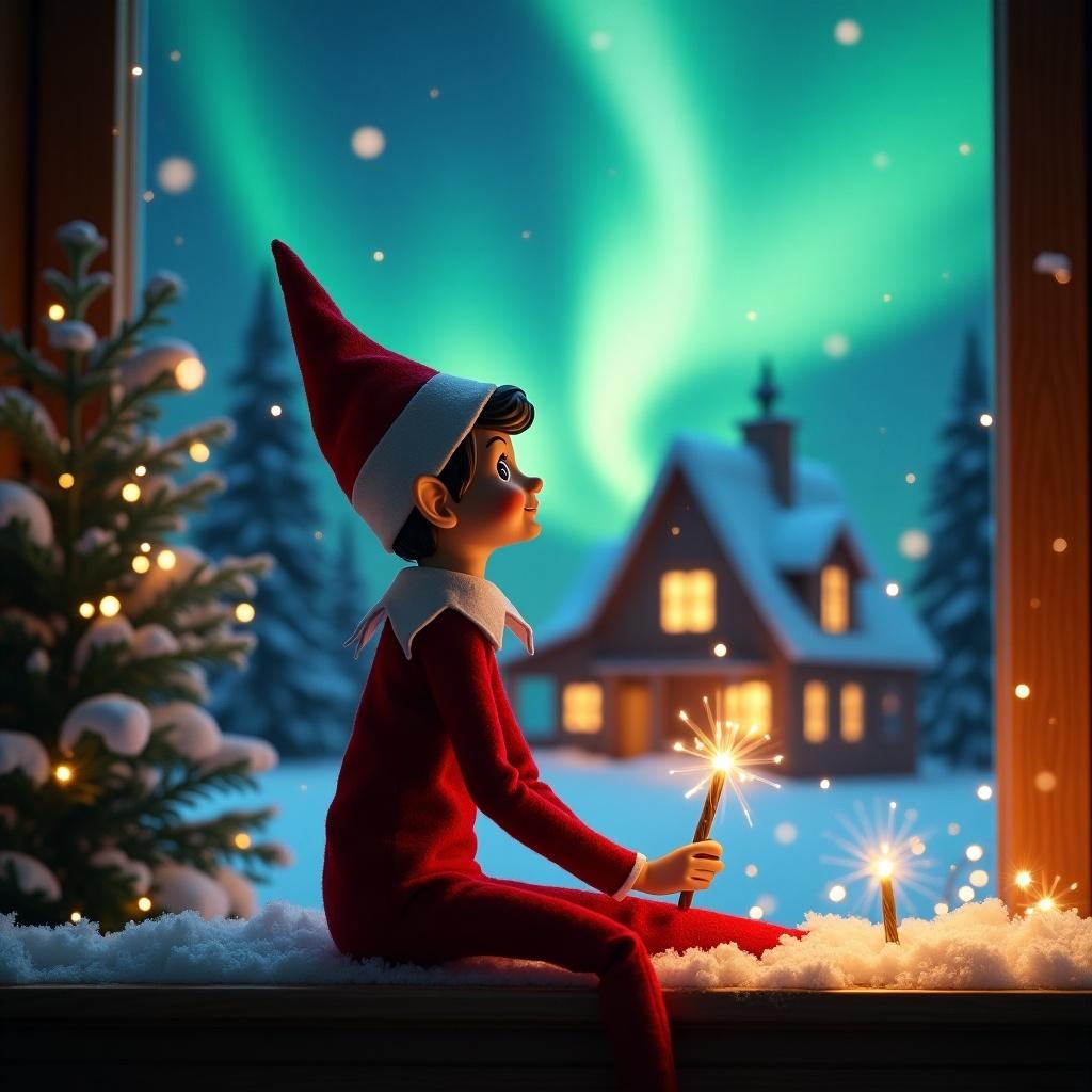 Elf on the shelf sits with back to viewer. Elf gazes skyward holding glowing wand. Christmas scene features colorful northern lights. Cozy house visible in distance. Snow covers ground. Elf embodies magic and wonder of Christmas. Name brooklyn's appears.