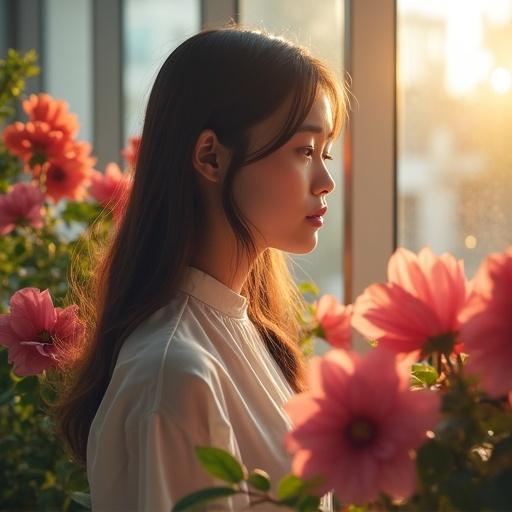 Girl standing in an office surrounded by flowers with warm light from the window reflecting on her face