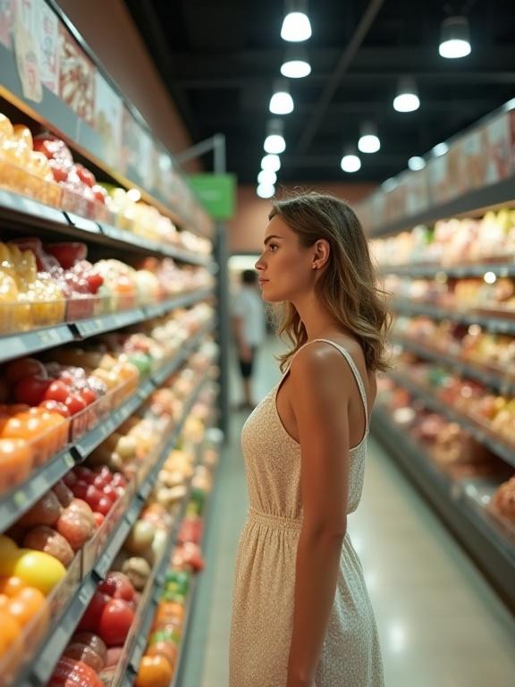 Beautiful woman in a sundress shopping for groceries. She stands in front of a shelf. The photo captures her side profile and the colorful produce around her.