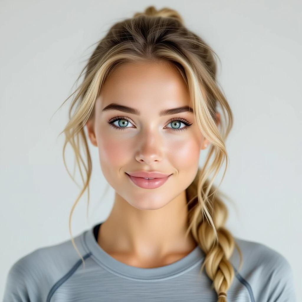 Blonde female model with light blue eyes wears gym clothes. She exudes a gentle expression of naive admiration. Her hair is styled in a braided manner. Natural healthy look with soft lighting.