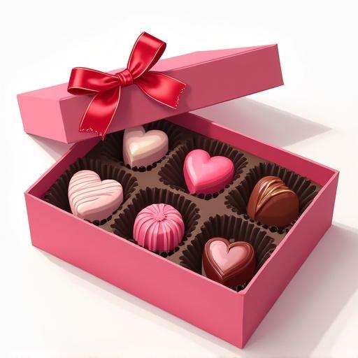 Illustration of Valentine's Day chocolates in a pink box with a ribbon. Set includes heart-shaped chocolates in various colors.