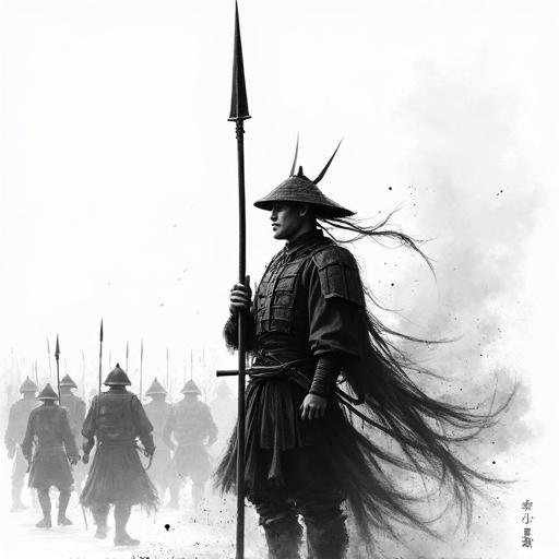 Traditional ink wash style illustration of a foot soldier from the Sengoku period. Soldier stands confidently with spear held vertically. Brave and commanding posture with an expressive face showing determination. Brush strokes with texture and gradation typical of sumi-e to evoke movement. Blurred background suggests a battlefield. Rendered in black and white to emphasize historical gravity.