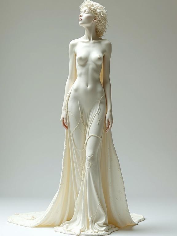 A towering ethereal snow nude woman sculpture displaying intricate details. Sculpted from yellow-veined marble stone with a flowing gown.