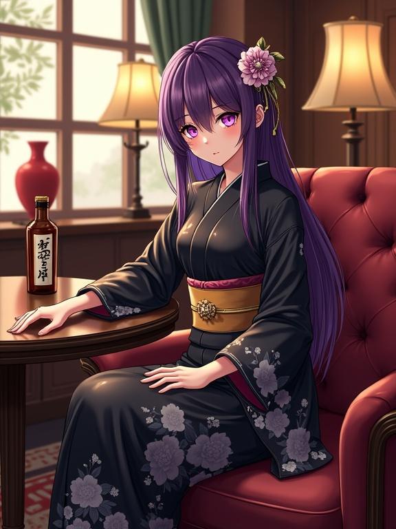 Anime lady in a luxurious retro lounge. She sits on a vintage leather sofa. She has violet hair and eyes. She wears a black kimono with floral patterns and a gold obi belt. She has hair accessories including a flower. One arm rests on the sofa and the other touches the table with a bottle nearby. The setting has warm lighting and antique decor. A window shows trees outside. The atmosphere is inviting and sophisticated.