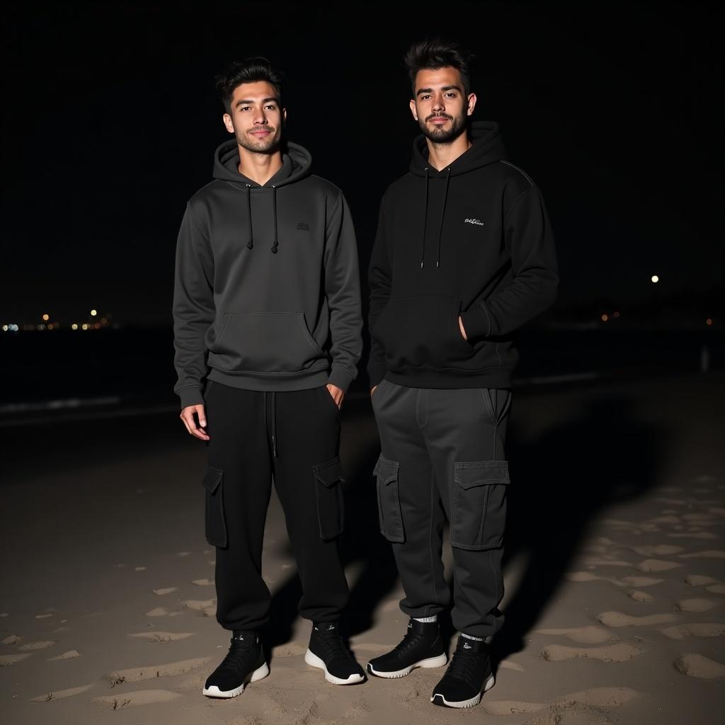 Two men standing on the sand at White Rock Beach at night. One man is very tall with sharp features, wearing a hoodie and baggy pants. The other man is shorter with a beard, also in a hoodie and baggy pants. Scene set in low light.