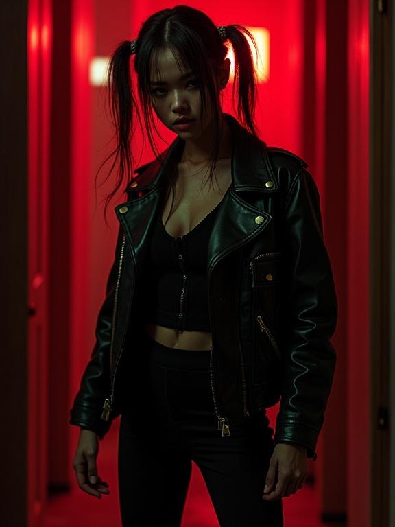 Young woman stands against a red background. She wears a black leather jacket and tight-fitting clothes. The image highlights her serious expression and confident pose. Cinematic lighting creates a dramatic effect. High detail and resolution for clarity.