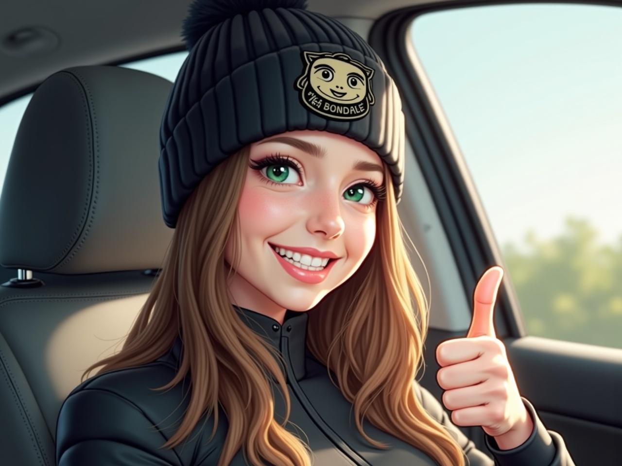 The image shows a smiling person in a car, wearing a black beanie with a distinctive character design on it. They have long, brown hair and bright green eyes. The person is wearing a stylish black and gray outfit, and their makeup is polished. They are giving a thumbs up sign, expressing positivity and enthusiasm. Sunlight is streaming in through the window, creating a warm atmosphere within the vehicle.