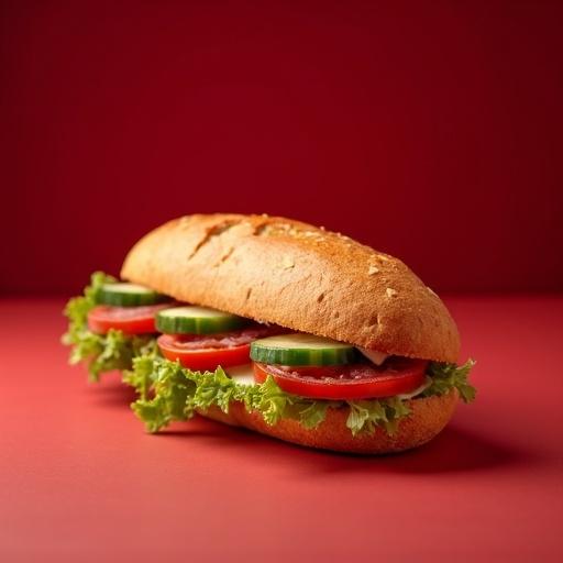 Isometric photography of a baguette sandwich on a flat surface. Sandwich with lettuce, sliced tomato, cucumber, salami, and melted cheese. Background dark red with white studio lighting. High quality image composition.