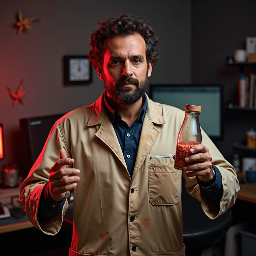 A bearded man in a lab coat holds a bottle filled with a red substance in a dimly lit room.