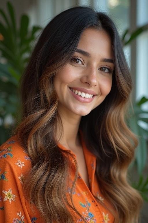 Portrait of a woman smiling, long wavy hair, wearing an orange floral dress. Soft background with green plants, natural light enhances her features.