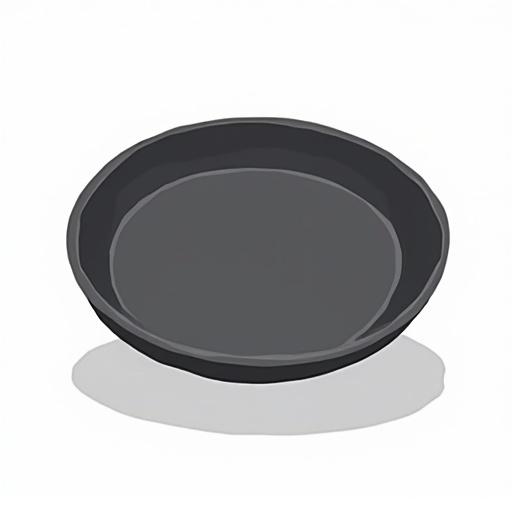 Create an animated GIF of a large black frying pan flipped upside down. The design is simple and resembles childhood art styles. The background is transparent. No shadows are visible, and the pan appears to float in the air.