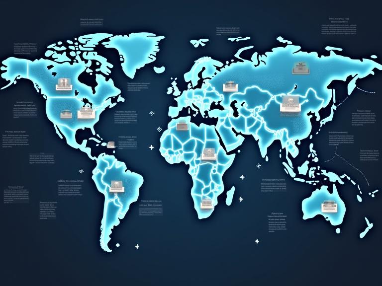 Digital nomads collaborate globally through immersive virtual platforms. Transparent tech hubs represent cloud-based task integration, time zones, and video feeds.