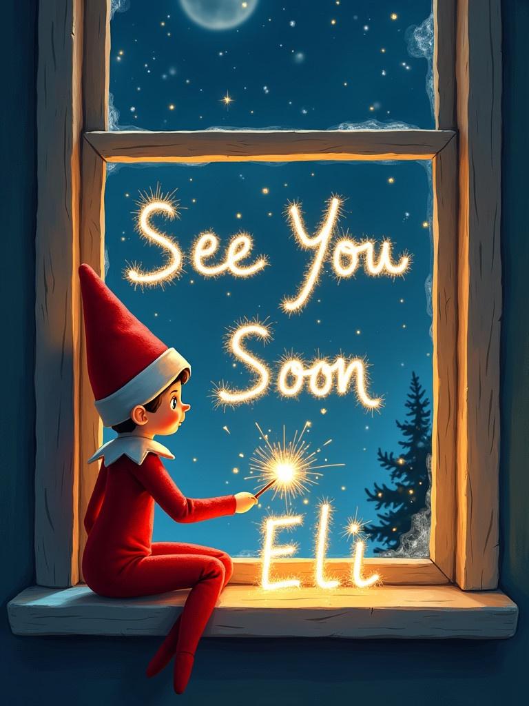 Elf in a red outfit sits by a window at night. Elf holds a sparkler writing in the sky. Warm light creates a cozy ambiance. Outside features a bright moon and starry sky.