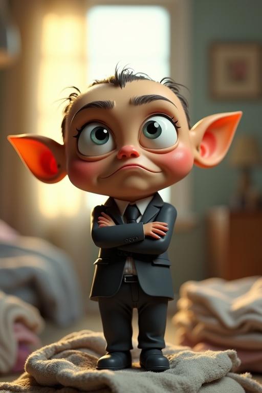 A hyperrealistic 3D cartoon humanoid creature with oversized eyes, huge ears, and sharp teeth. The creature has arms crossed and a serious facial expression. It stands on a pile of laundry in a messy bedroom. The background features sunlight coming through a window. The creature wears a tiny business suit with a crooked tie and has an exaggerated pout. The artistic style is dramatic and stylized.
