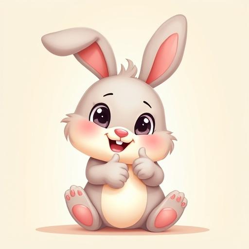 Cute cartoon bunny smiling brightly with thumbs up. Soft pastel colors used in the illustration. Big sparkling eyes create a cheerful expression. Fluffy fur texture adds to the cuteness. Simple light background reinforces the focus on the bunny.