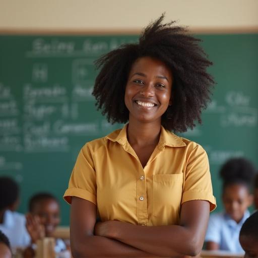A Nigerian private primary school teacher exuding confidence and happiness in front of a classroom.