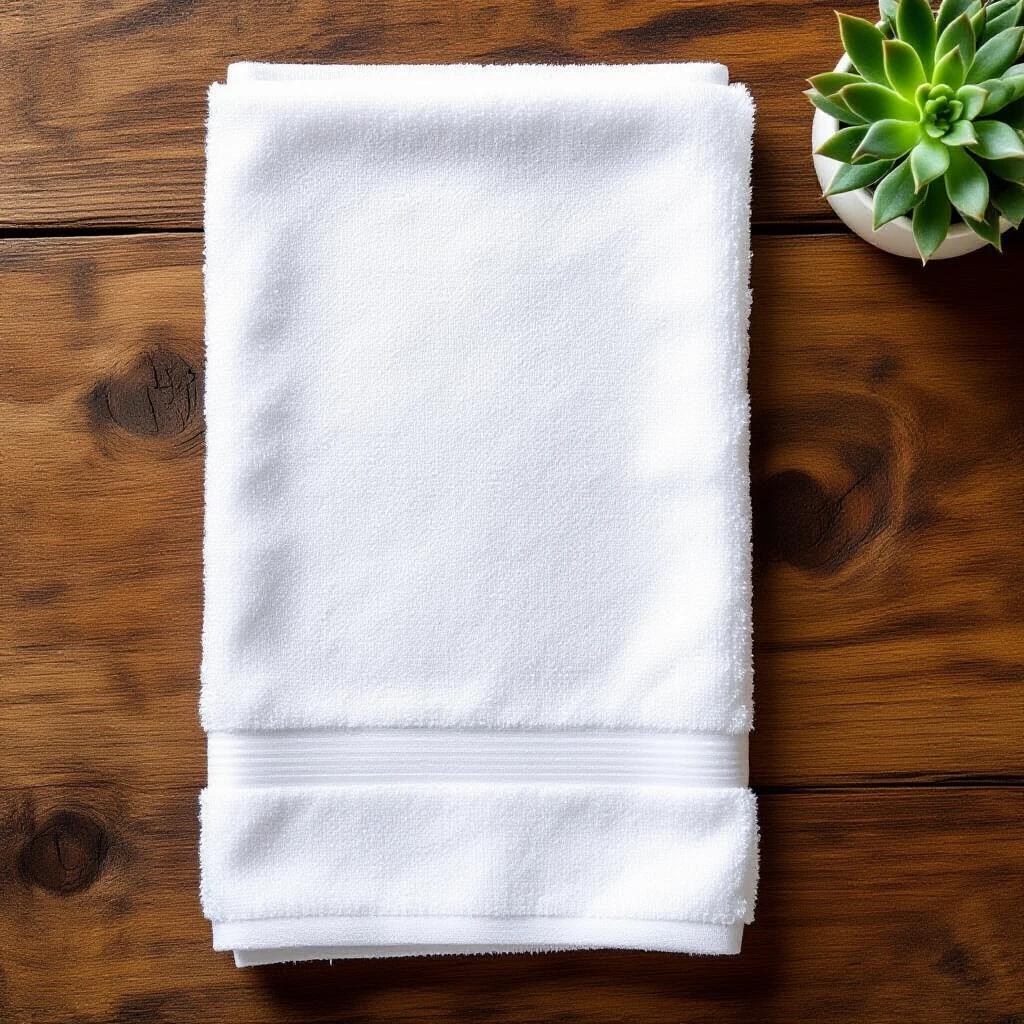 A white cotton towel folded neatly on a wooden surface alongside a small succulent plant in a pot.