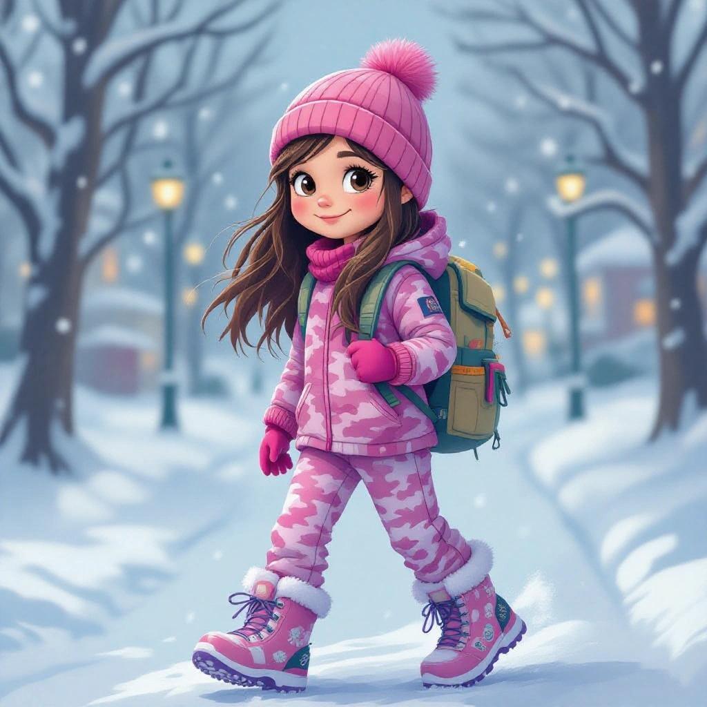 Cartoon girl with long dark-blonde hair. She walks home from school on a cold snowy day. She wears a pink beanie and pink camouflage one-piece snow-suit. Pink thermal gloves and pink snow-boots with purple laces. She carries a backpack.