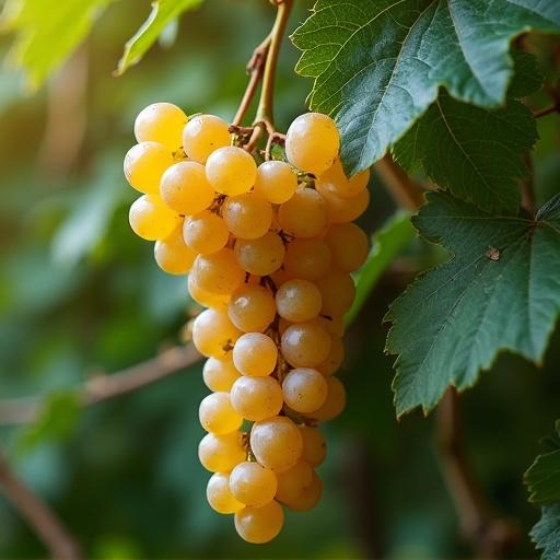 Close-up view of wet yellow grapes hanging on a vine surrounded by green leaves.