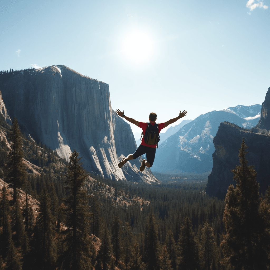 A person in mid-air jump, wearing a red shirt and backpack, with arms outstretched against a backdrop of majestic mountains and a forest under the bright sun.