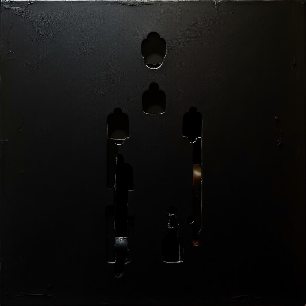 Digital oil painting with a black background. Harsh paint strokes are visible. Displays cubist and unfinished artistic elements. Combines flat colors with dynamic silhouettes. Showcases a minimalist style with repeating voids shaped like film negatives. Shadows merge with cubist edges that resemble film strips. Acid damage and corruption evident at corners.