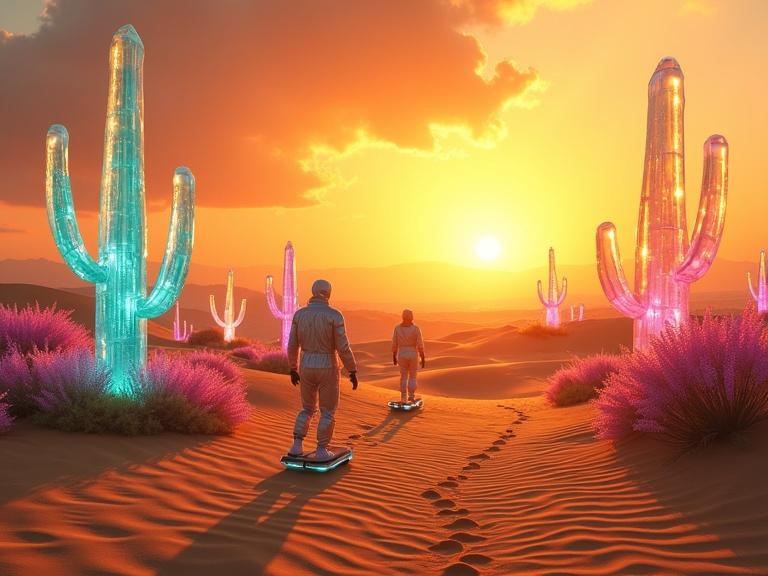 Golden desert landscape with shimmering sand dunes. Translucent crystal cacti glowing in turquoise and pink. Explorers in silver suits with hoverboards. Neon flowers blooming around them. Mirages creating illusions of waterfalls. Distant sunset illuminating the scene.