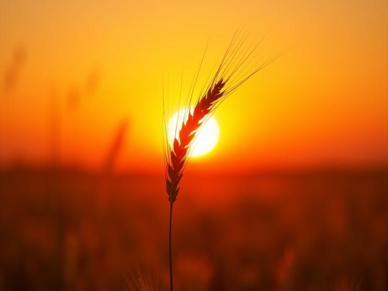 High-definition photograph of a sunset in a field with vibrant orange sky. A single wheat stalk is centered in the image. The sun sets directly behind it creating a glowing halo effect through its bristles. Background is softly focused in warm tones of orange red and brown. Evoking tranquil rustic atmosphere. Natural lighting realistic texture.