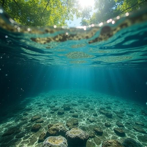 Underwater view of a pond. Rocks are at the bottom surrounded by clear water. Sunlight streams through the surface, creating a serene atmosphere. Vibrant green trees frame the scene above the water.