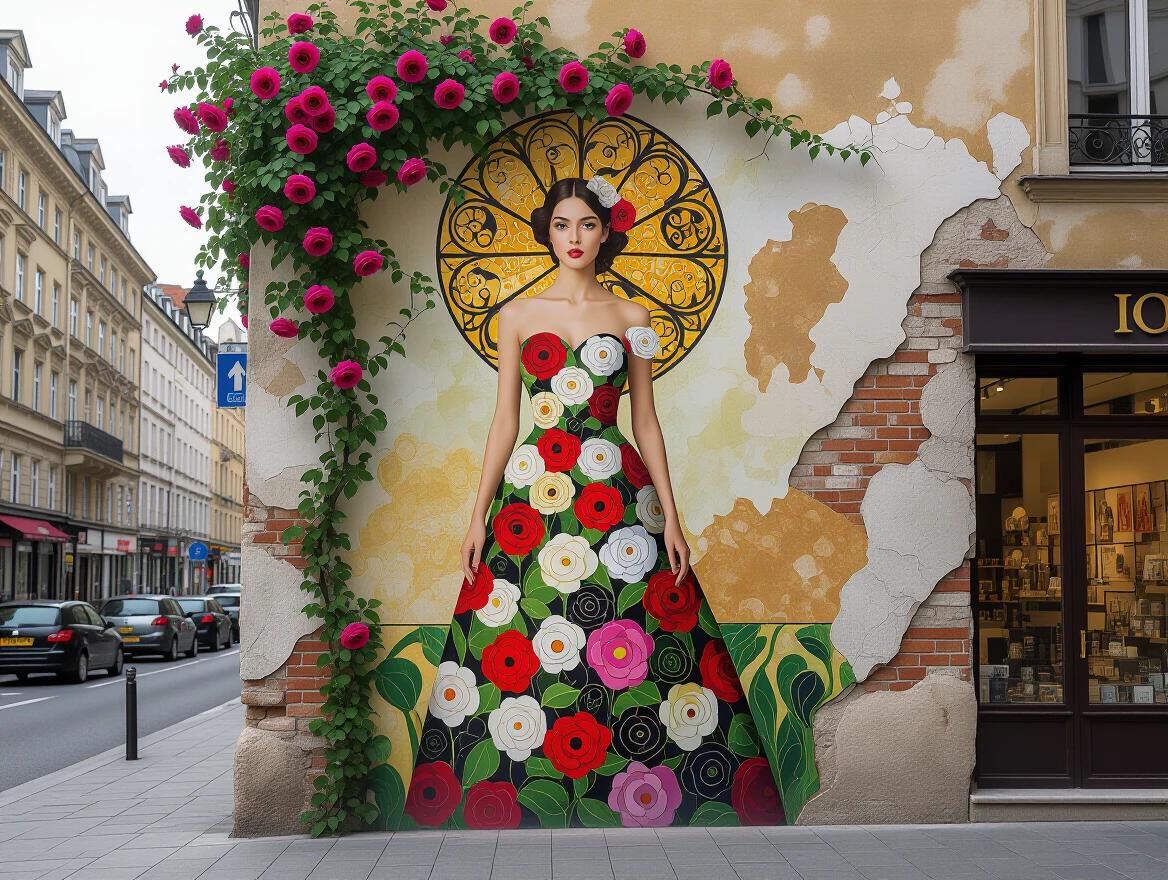 Ultra-realistic full-body 3D artwall of a young woman in a flower-decorated dress set against an old plastered wall covered with climbing roses and vines. Scene includes tall building on a busy street. Modern street art visual representation.