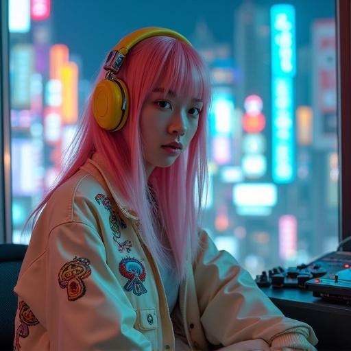 Cyberpunk-inspired young woman with pastel pink hair and bangs in oversized yellow headphones. She wears a shiny off-white bomber jacket with colorful patches. Calm and introspective expression, slightly downcast eyes. Neon-lit skyscrapers and holographic signs in the background. Cyber futuristic audio equipment around her. Lo-fi music ambiance, cinematic and atmospheric mood with vibrant colors.