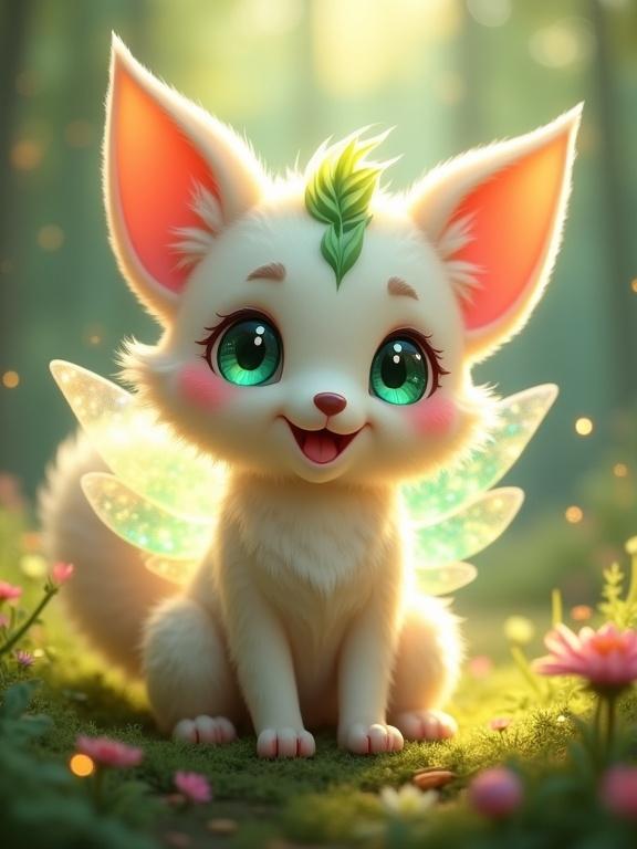 Adorable forest faeling resembling baby fox and faerie with glowing features. It has fluffy cream-white fur, leafy green tufts, sparkling emerald eyes, oversized ears, and small iridescent wings. Set in magical forest with floating sparkles and warm lighting. Emphasizes joy and innocence.