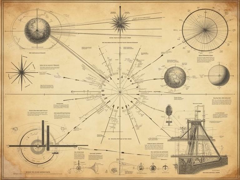Old physics diagrams with blueprints and vintage scientific charts. Diagrams show electromagnetic fields and teleportation theory. The paper has an aged texture and displays a 1940s style technical sketch.
