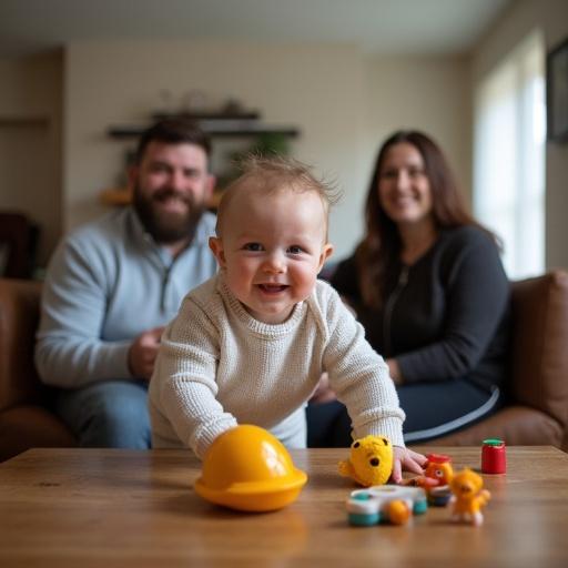 Baby joyfully playing with toys on coffee table in a family room with parents celebrating milestone.