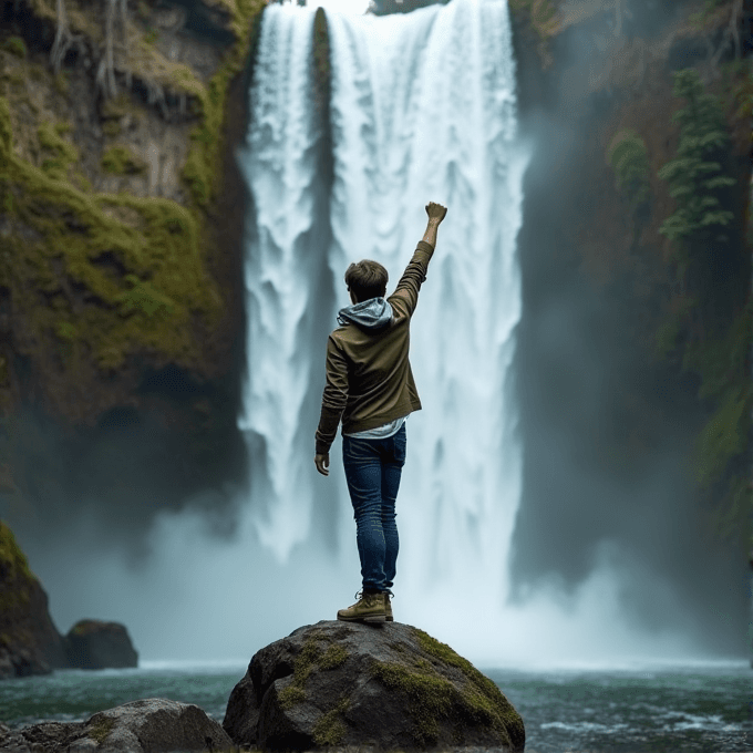 A person stands triumphantly on a rock in front of a majestic waterfall surrounded by lush greenery.