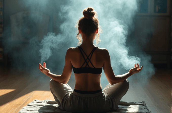 A woman practices yoga in a dimly lit room, surrounded by drifting smoke, creating a serene and mystical atmosphere.