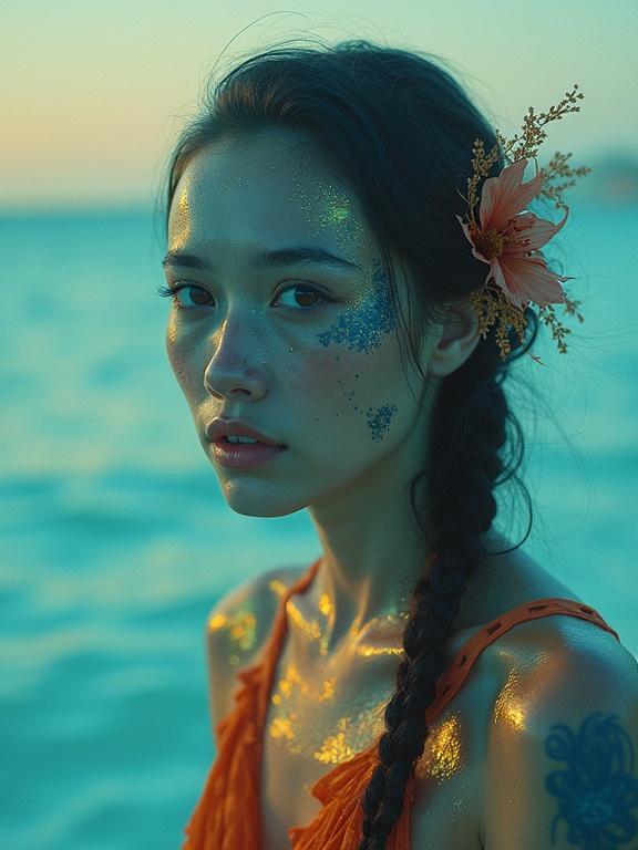 Portrait of an avant-garde lifeguard, vintage photography style, features gilded and vivid elements, radioactive cyanotype and dark oil paint aesthetics.