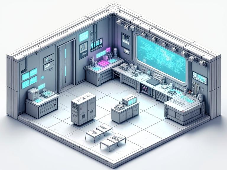 Illustration of a sci-fi laboratory in isometric view. Highlight architectural details with visible walls, floors, and ceilings. Include sleek metallic walls, observation windows, sliding glass doors. Show workstations with holograms, robotic arms, modular tables, and glowing storage units. Feature floating holographic tech and monitors with data. Use cool neon accents for lighting, overall scene is empty of characters. Employ a muted color palette with clean lines and distinct shapes.