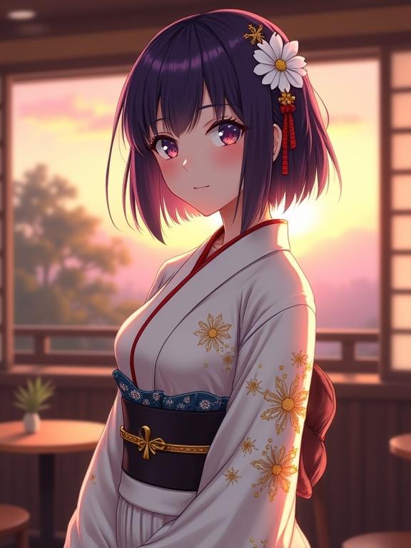 A beautiful lady in anime style with dark violet bob hairstyle. Hair is styled in an updo. Adorned with a white flower and red string. She has a calm expression. Wearing a white kimono with golden floral patterns and a black obi belt. Standing in a Japanese-style cafe at dusk. Soft evening light and warm wooden interior with shoji screens.