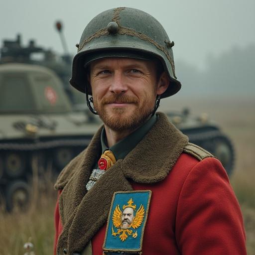 A man in Ukrainian trousers and military helmet standing near a tank. His uniform has an October badge and a garter with a portrait. The setting reflects a historical military theme.