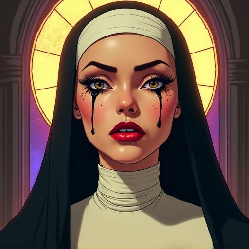 Stylised digital painting featuring a sorrowful nun with bold black outlines and cel-shading. She has exaggerated features including long lashes and black tear streaks. Her lips are rich crimson in grief. A glowing golden halo surrounds her head, with hair under a black veil. Traditional habit at the top reveals a naked body dotted with makeup drops. Background shows a gothic church window mimicking stained glass. Warm ethereal lighting enhances the scene.