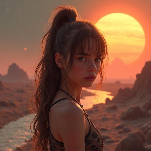 Ultra realistic digital painting of a teenage girl with ash brown wavy hair. She wears a cyberpunk outfit and a clover heart necklace. The girl looks angry. Full body pose facing the viewer. A massive glowing planet dominates the alien skyline. Warm orange light casts over rocky terrain with scattered boulders. A winding river reflects twin suns in the horizon under a clear cosmic sky filled with stars. Soft natural lighting with shallow depth of field. High detail in facial features and hair strands. Fashion editorial style.