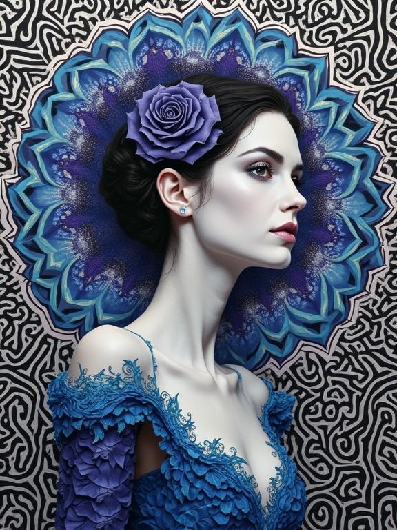 Surreal collage portrait of an ethereal woman. She poses in a kaleidoscopic dress. Surrounded by geometric patterns and optical illusions. Features styles of Escher, Bridget Riley, and Sonia Delaunay. Colors include black, white, silver, violet, indigo, and blue. Abstract shapes evident throughout.