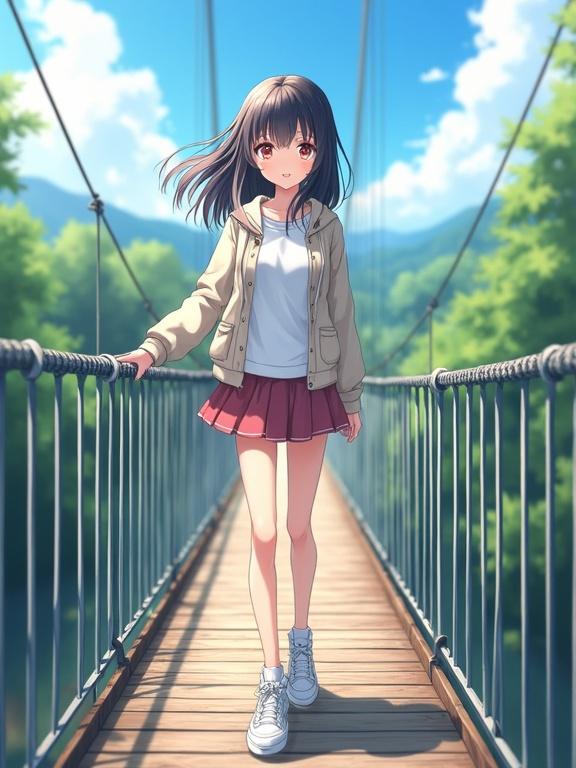 Anime-style illustration of a girl crossing suspension bridge. She's front-facing with a gentle expression. She wears a light jacket, skirt, sneakers. Hand grips side rope for balance. Scenic nature view in background. Suitable for smartphone wallpaper.