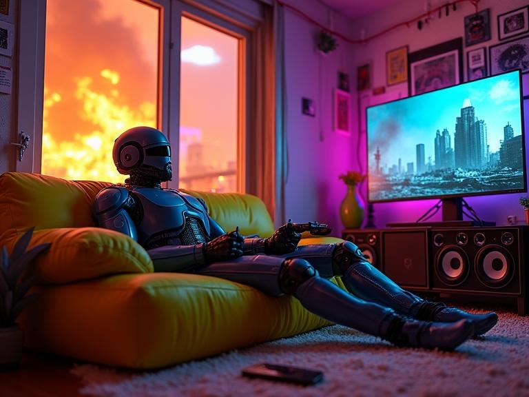 Robocop relaxing on yellow couch in futuristic gaming room. Playing PlayStation 5 video games. Cozy and stylish cyberpunk theme. Background features burning building and high tech gadgets. Neon lights illuminate the room and colorful speakers present.