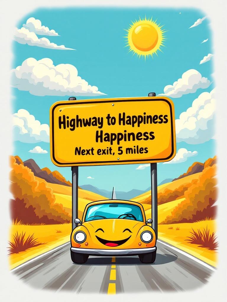 Design T-shirt featuring highway sign. Sign reads 'Highway to Happiness: Next exit, 5 miles'. Include a sunny landscape. Add a smiling car driving on the highway.