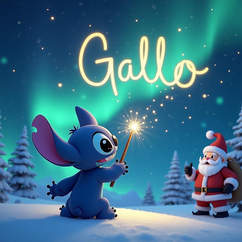 Stitch faces the sky. A wand is used to write Gallo. Background conveys magical Christmas themes. Northern lights glow. Santa appears, writing Libby with a magic wand.