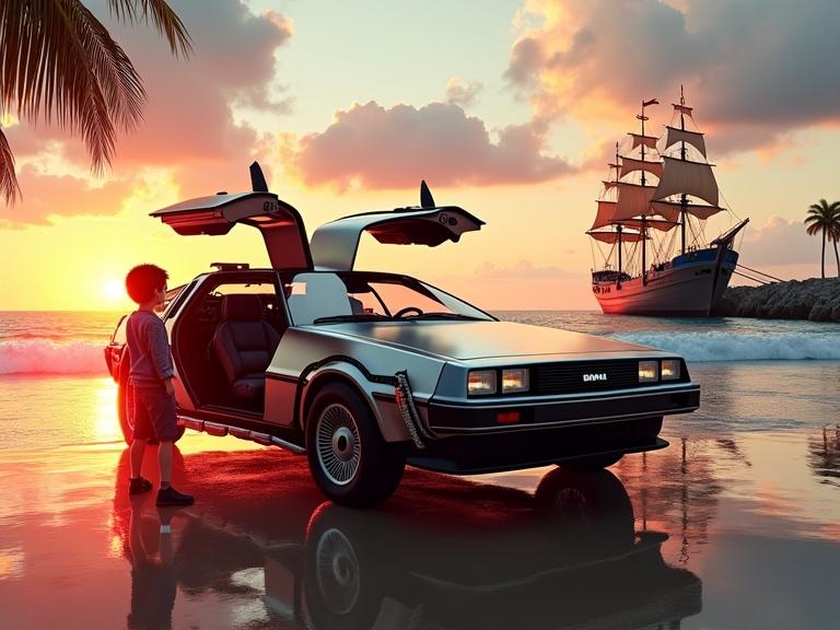 Scene shows DeLorean DMC-12 time machine. Stands on tropical beach. Sunset casts warm light. Gull-wing doors are open. Young boy steps out amazed. Pirate ship is visible in background. Ship has colorful masts. Character from anime waves. Wet sand reflects sky. Dramatic lighting enhances texture.
