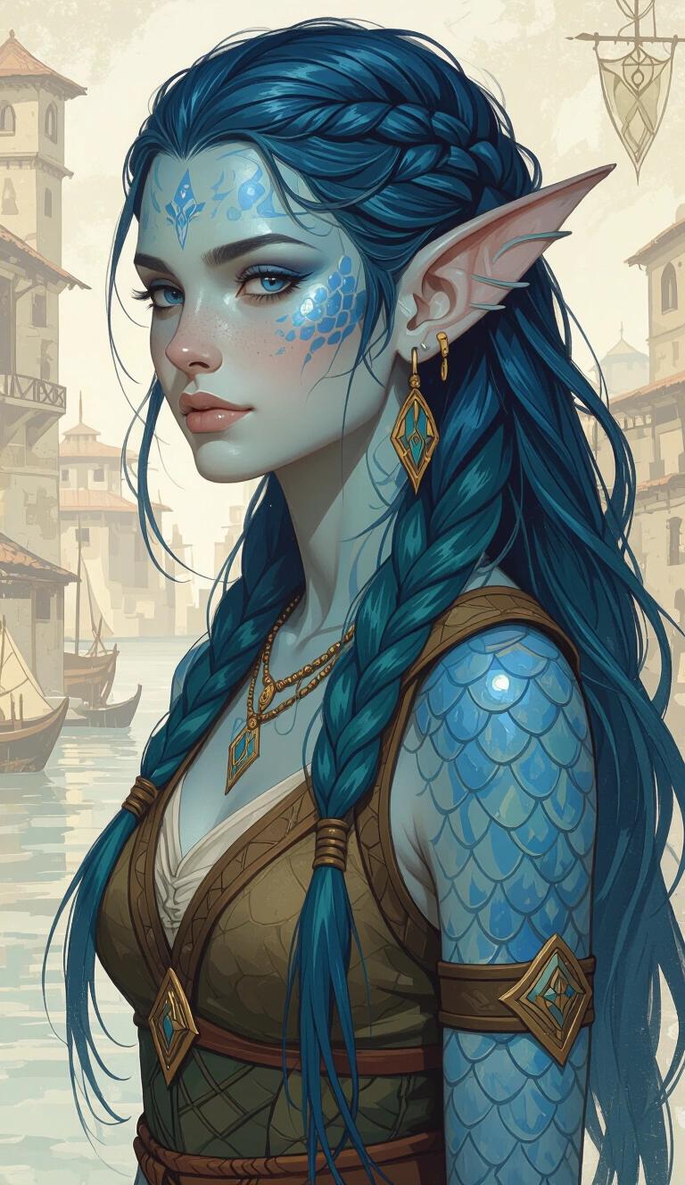 Oil-painting style illustration of a young druidic fish-girl. Character has large finned ears and fully blue colored skin. Features fish scaled skin and is depicted in a harsh ancient Therosian fantasy port city. Dressed in Theros fantasy clothing. Character is a celestial druid. Hair is long and slick-backed with green-blue hues. The backdrop shows a scenic port with boats and ancient buildings.