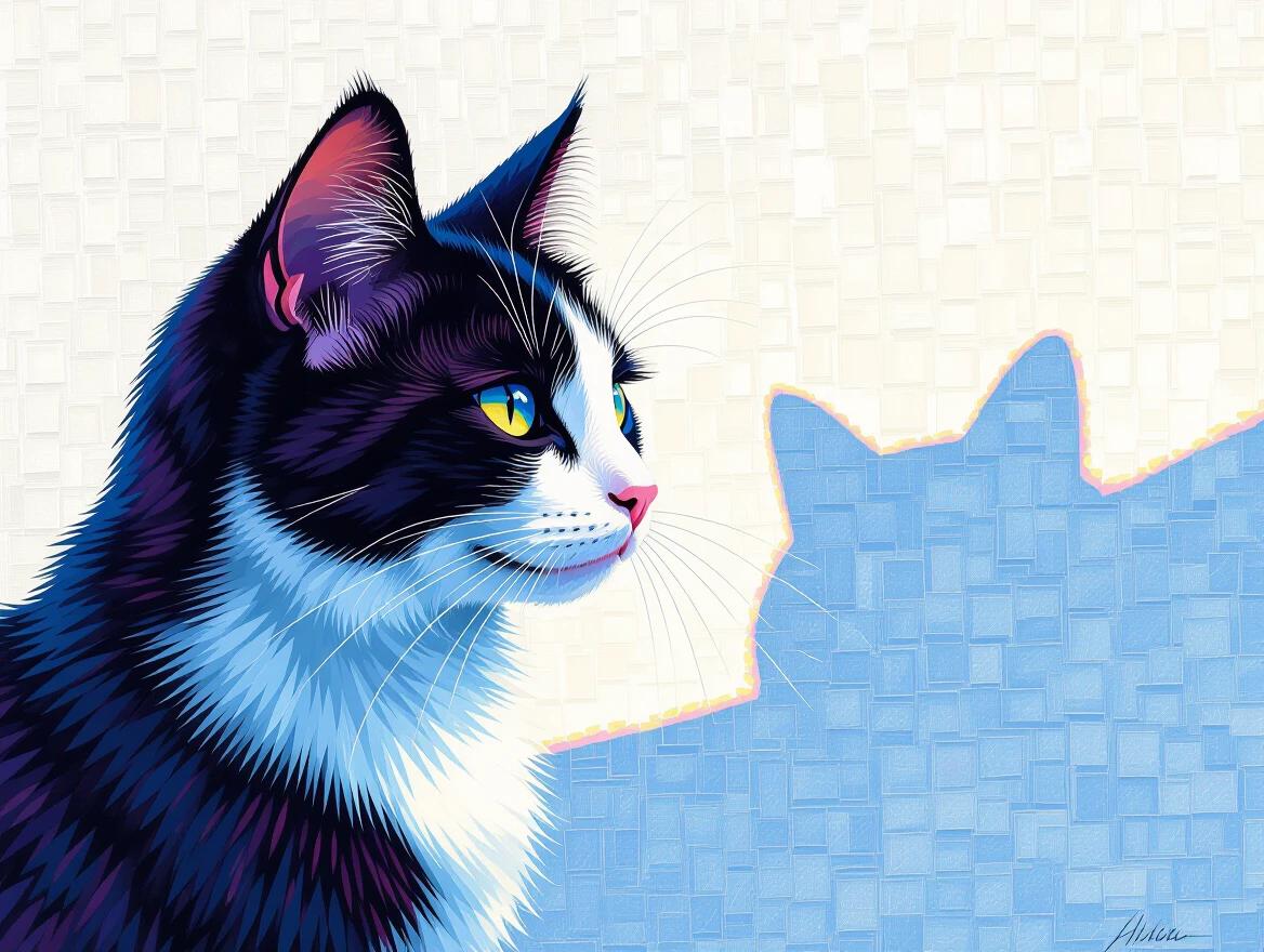 A portrait of a cat composed of colored dots. The cat has vivid colors. Its shadow is cast on a textured white backdrop.